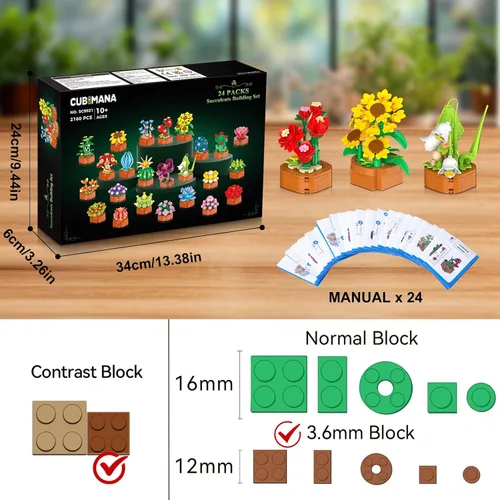 Miniatura 5 de CUBIMANA Juego de 24 flores y suculentas, 2160 piezas, colección botánica de 0.142 in, kit de mini flores para decoración del hogar, juguetes