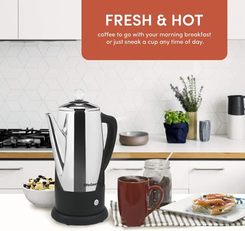Miniatura 6 de Elite Gourmet EC812 Percoladora eléctrica de café de 12 tazas con mantiene el calor, perilla de progreso de preparación transparente, mango de tacto