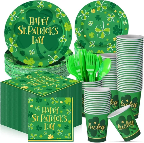 210 piezas de suministros para fiesta del Día de San Patricio, platos, servilletas, vasos, trébol irlandés, fiesta, desechables, platos de postre,