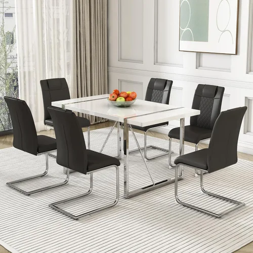 Miniatura 14 de Juego de mesa de comedor para 4, juego de mesa de cocina rectangular de MDF blanco con sillas de comedor de cuero, juego de 4, juego de mesa