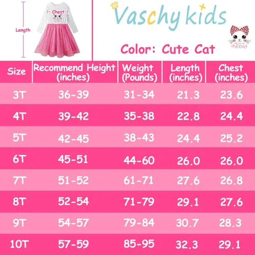 Miniatura 6 de VASCHY Vestido para niñas, lindo atuendo casual de otoño y primavera de manga larga, para niñas pequeñasgrandes, talla 3-10T