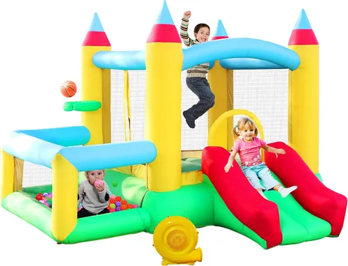 WELLFUNTIME - Casa inflable para saltar con tobogán, 107x106x80 pulgadas, castillo hinchable con soplador y piscina de pelotas, juego de baloncesto