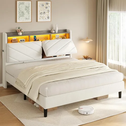 Miniatura 12 de Jocoevol Marco de cama de terciopelo tamaño twin con cabecera ergonómica, plataforma tapizada con luz LED y estación de carga, soporte de listones