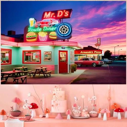 Miniatura 5 de HANYING Fondo retro para cena de los años 50, Ruta 66 Restaurante Ciudad Nocturna, Fondo de Fotografía, 7 x 5 pies, Decoración de fiesta