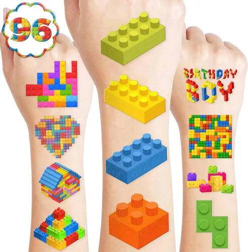 Miniatura 9 de 96 tatuajes temporales precortados de bloques de construcción, bonitos recuerdos de fiesta para niños, niños y niñas, suministros para fiestas