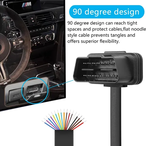 Miniatura 3 de CERRXIAN 2FT 0.6M OBDII OBD2 ángulo recto 16 Pin macho a hembra Extensión Cable plano, OBDII Herramienta de escaneo de diagnóstico Extensor Cable