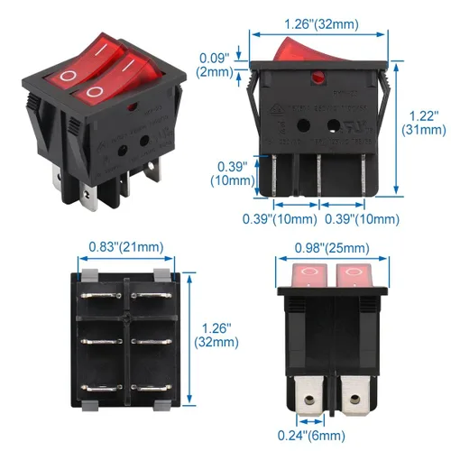 Miniatura 3 de Baomain - Pack de 2 interruptores basculantes duales con luz roja, encendido/apagado DPDT de 6 pines, 16 A/250 V CA, 16 A/125 V CA, listado UR VDE