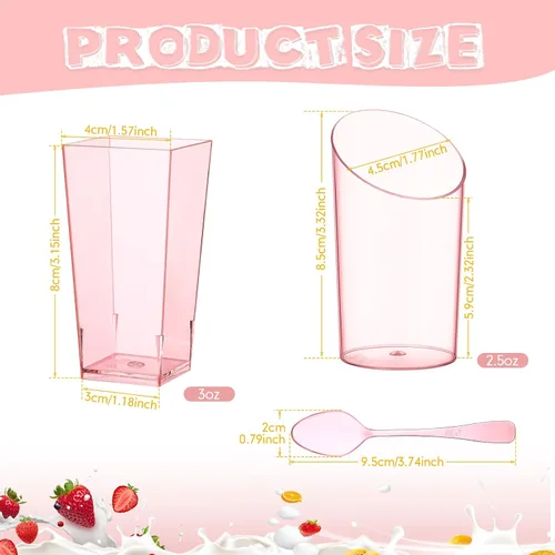 Miniatura 2 de Nuogo 100 mini tazas de postre con cucharas, cuadrados de 3 onzas y 2.5 onzas, inclinadas, redondas, pequeñas, de plástico transparente