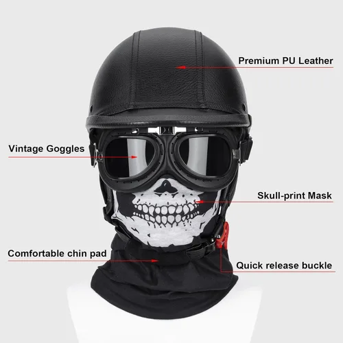 Miniatura 8 de Casco de motocicleta de cuero hecho a mano, casco retro de media cara para adultos, hombres y mujeres, casco ligero abierto 1/2 vintage