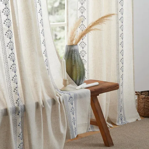 Miniatura 8 de Cortinas modernas de lino de 96 pulgadas de largo, 2 paneles de cortinas semitransparentes bordadas para sala de estar, cortinas filtrantes de luz