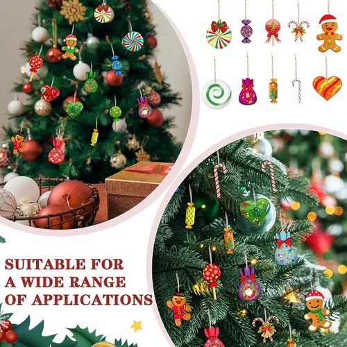Miniatura 3 de Soaoo 100 Piezas Adornos Colgantes de Caramelo de Menta de Navidad Adornos de Madera para Árbol de Navidad Conjunto Piruleta Pan de Jengibre Bastón