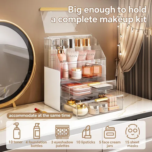 Miniatura 2 de Organizador de maquillaje para encimera con tapa, organizadores de cuidado de la piel para tocador, 3 niveles, almacenamiento de maquillaje