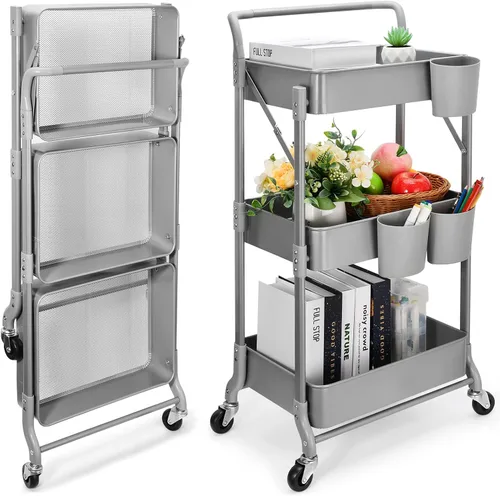 Miniatura 10 de Carrito plegable de metal de 3 niveles, carrito organizador plegable de almacenamiento multifunción para oficina en casa y biblioteca (negro)
