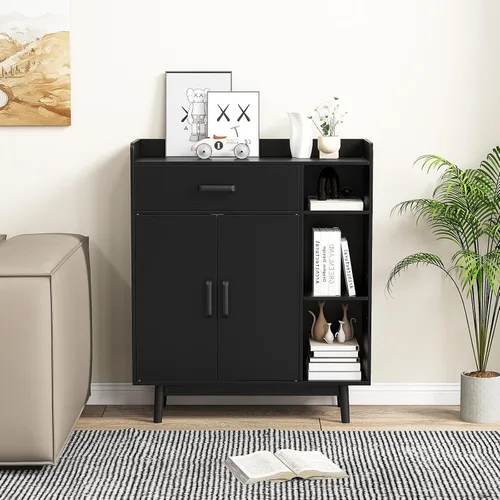 Miniatura 2 de Giantex Gabinete de Almacenamiento de Piso, Armario Independiente con 1 Cajón, 2 Puertas, 3 Estantes, 4 Patas de Madera de Caucho, Aparador, Unidad