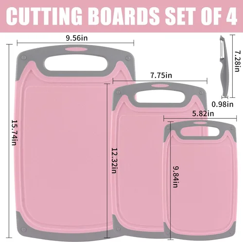 Miniatura 2 de Juego de 4 tablas de cortar de plástico para cocina, con patas antideslizantes y ranura profunda para jugo, mango de fácil agarre, aptas