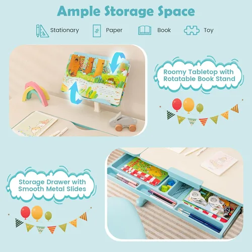 Miniatura 7 de Costzon Escritorio para niños, mesa de estudio ergonómica de altura ajustable para niños con escritorio inclinable y soporte para libros, cajón