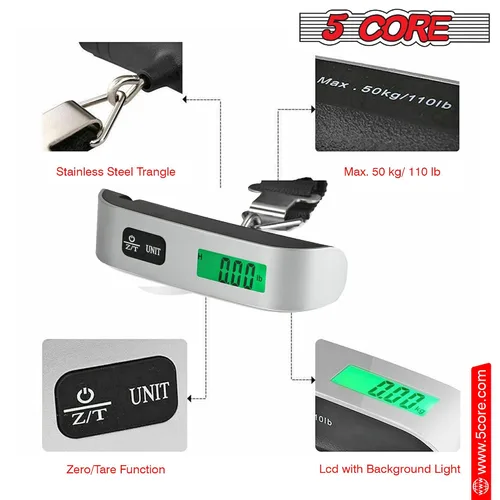 Miniatura 3 de 5 Core LSS-004 - Báscula digital para equipaje, pantalla LCD con retroiluminación y escala de equipaje con capacidad de 110 libras, báscula colgante