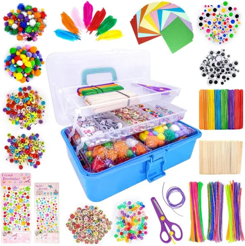 Miniatura 6 de kortes Suministros de arte y manualidades jumbo para niños, juego de suministros de arte de bricolaje incluye limpiapipas, pompones, plumas, caja