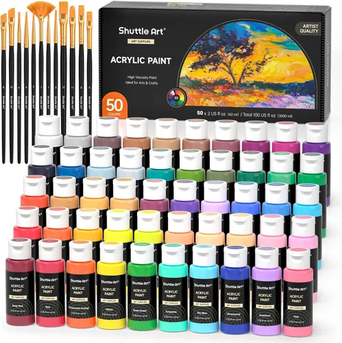 Pintura acrílica Shuttle Art, juego de pintura acrílica de 50 colores, botellas de 2 oz/60 ml, pigmentos ricos, resistente al agua, premium para
