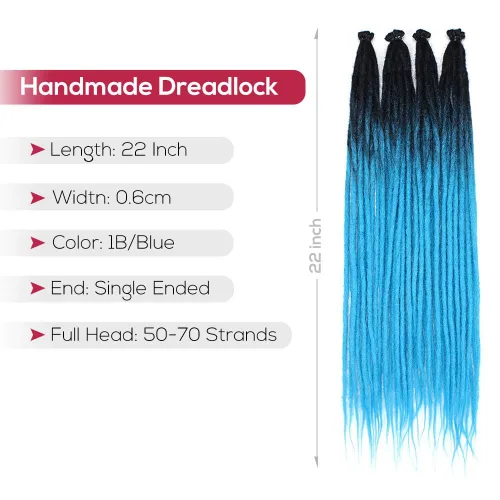 Miniatura 4 de Kraler Extensiones de Rastas Azules, Extensiones de Rastas Sintéticas de Ganchillo de 22", 100% Hechas a Mano, Rastas de Una Sola Punta, Delgadas