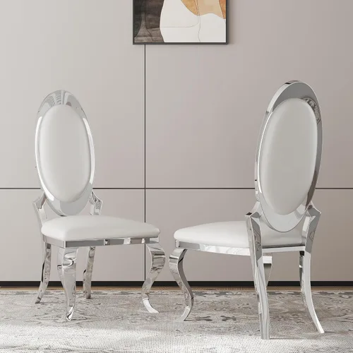 Juego de 2 sillas con 2 sillas de comedor de piel sintética blanca, silla de cocina moderna con respaldo ovalado y patas de acero inoxidable