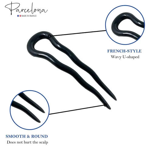 Miniatura 4 de Parcelona Juego de 3 horquillas de celuloide ondulado en forma de U para el cabello, estilo moño para mujer, a la moda, flexible, duradero