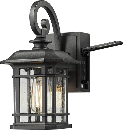 zeyu ZW40B-G BK - Lámpara de pared para exteriores con salida GFCI integrada, moderna lámpara de pared exterior con vidrio sembrado, acabado negro,
