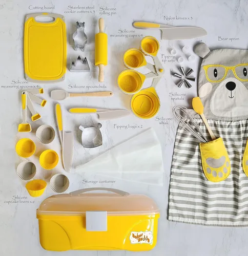 Miniatura 2 de Juego de hornear para niños de 35 piezas con delantal de oso de peluche, cuchillos aptos para niños, cortadores de galletas, rodillo, tabla