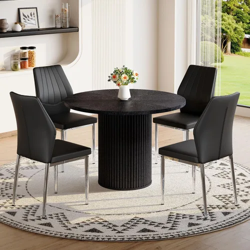 Miniatura 13 de Mesa de comedor redonda para 4-6, mesa de comedor negra con tablero de madera de 42'' y base de pedestal cilíndrico, mesa de cena redonda