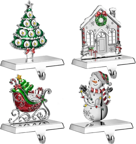Miniatura 10 de GUOER Juego de 4 Soportes para Calcetines Navideños de Copo de Nieve para Repisa de Chimenea, Decoraciones Navideñas para Repisa de Chimenea