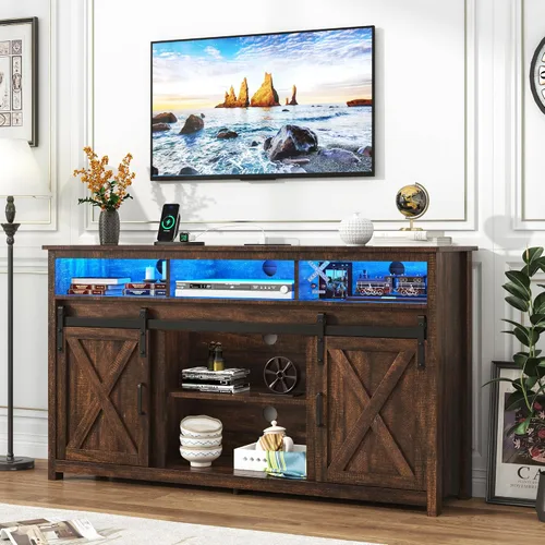 Soporte de TV LED Estilo Casa de Campo para TVs de 65 pulgadas, Centro de Entretenimiento Rústico Soportes de Gabinete de TV con Tomas de Corriente,