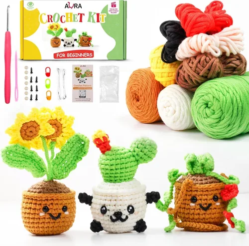 Miniatura 10 de Kit de ganchillo para aprender A-URA para principiantes niños y adultos, kits de ganchillo premium de 3 patrones de animales de gran