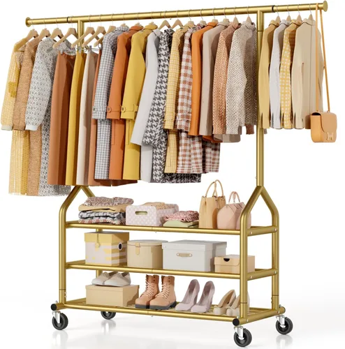 Miniatura 16 de EAGMAK Perchero de ropa resistente con capacidad de carga de 192 kg, perchero enrollable con estantes, colgador de ropa ajustable de metal