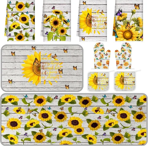 Miniatura 20 de Fourluoo Juego de 10 piezas de decoración y accesorios de cocina de girasol, diseño de búfalo blanco y negro, juego de manoplas de horno y soportes