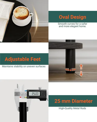 Miniatura 3 de Mesa auxiliar redonda pequeña, mesa decorativa ovalada de 3 niveles para espacios pequeños, mesita de noche de madera rústica y metal para sala