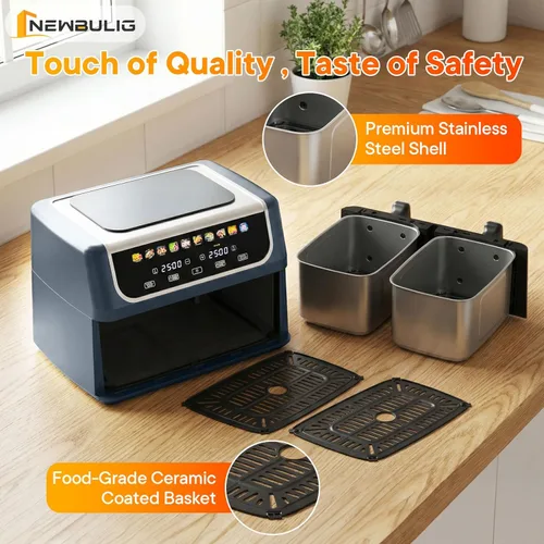 Miniatura 7 de NEWBULIG Freidora de aire doble con 2 cestas de 9.5 cuartos de galón, freidoras de aire grandes 10 en 1 con placa de cerámica para cocinar, cocinar
