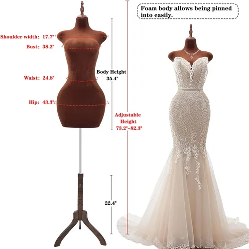 Miniatura 3 de Torso de maniquí femenino con curvas ajustables con soporte, forma de vestido pinable para ropa (marrón, terciopelo)