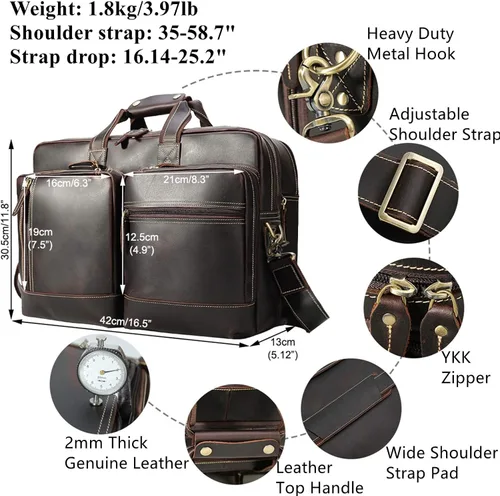 Miniatura 6 de Maletín de cuero para hombre, ampliable, grande, de 17 pulgadas, para laptop, bolsa de hombro, bolsa de viaje de negocios