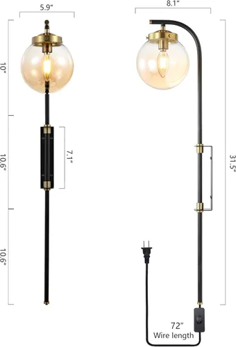 Miniatura 5 de ELEHINSER Juego de 2 apliques de pared negros con pantalla de globo, modernas lámparas de pared para interiores con enchufe con interruptor, luz