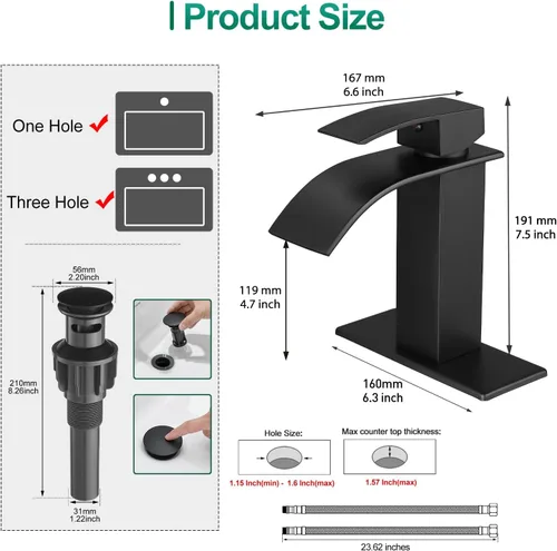 Miniatura 2 de VOTON - Grifos de baño negros modernos en cascada para lavabo de baño, grifo de fregadero de baño negro mate de una sola manija para 1 o 3 agujeros