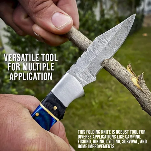 Miniatura 8 de AR Damascus - Cuchillo plegable de bolsillo hecho a mano para supervivencia al aire libre, hecho de mango de madera y acero de Damasco, junto