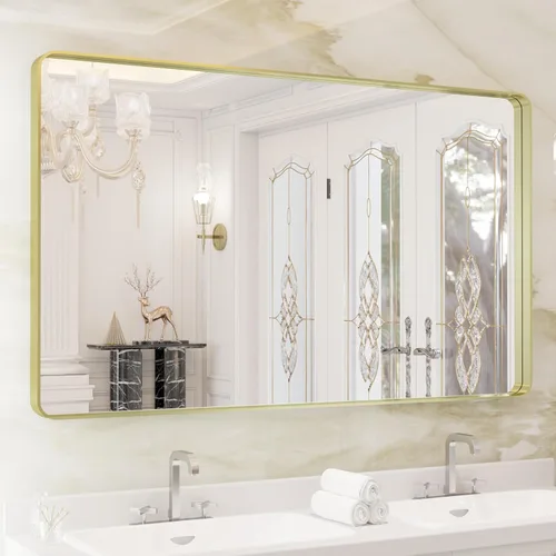 Miniatura 40 de WEER - Espejo de baño dorado, espejo de 40x32 pulgadas con marco de metal dorado cepillado, espejo de tocador de baño de oro para pared