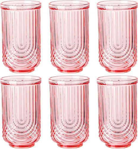 Miniatura 8 de Juego de vasos de bebida verdes vintage, vasos de cóctel transparentes estilo arco de 6 unidades, vasos de vidrio acanalados de 15 onzas, hechos a