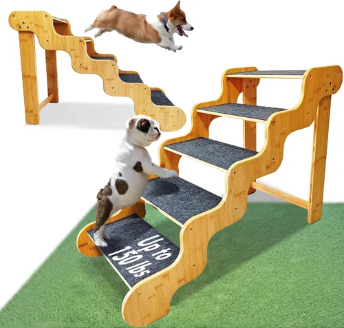 Miniatura 9 de Escaleras para perros pequeños, rampa de madera de bambú de 3 escalones para perros, mascotas/gatos para sofá, cama y automóvil, puede soportar un