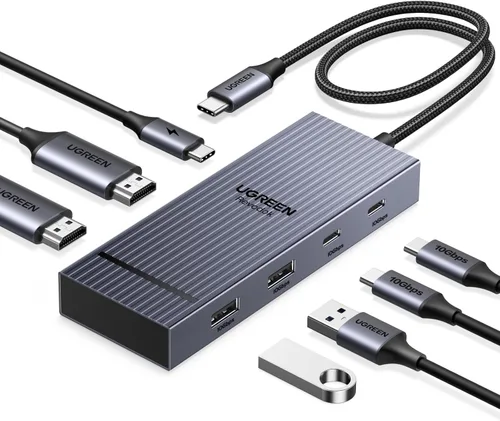 UGREEN Estación de acoplamiento 7 en 1 con monitor dual, concentrador USB C con pantalla HDMI dual 4K@60Hz, puertos de datos USB-A/C de 10Gbps, 100W