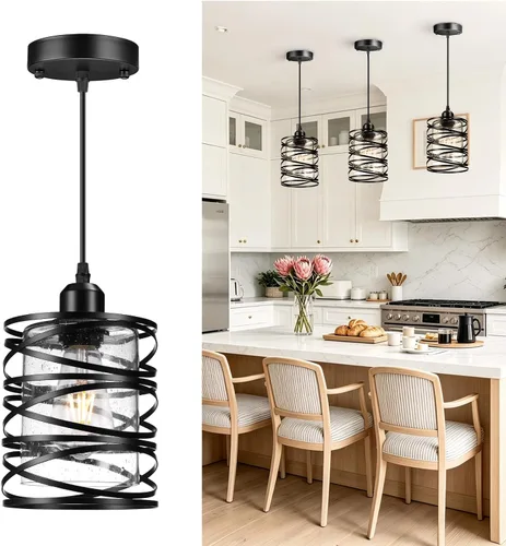 Juego de 3 luces colgantes Luces de cocina con vidrio semillado tipo burbuja Luces de isla Luces colgantes negras para cocina, comedor, baño,