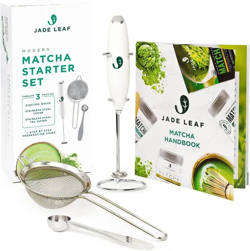 Jade Leaf - Juego de iniciación de matcha moderno, batidor eléctrico y espumador de leche, cuchara de acero inoxidable, tamiz de acero inoxidable,
