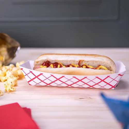 Miniatura 4 de Southern Champion, bandeja de cartón para hot dogs, 7 pulgadas de longitud x 2-3/4 pulgadas de ancho x 1-1/2 pulgadas de altura (caja de 1000), Rojo