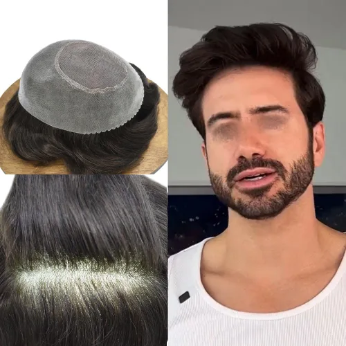 Miniatura 9 de Toupee - Pieza de cabello humano real para hombre, sistema de unidades de cabello ondulado mono, línea capilar natural, extensiones invisibles
