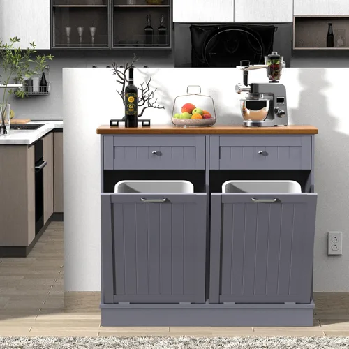 Miniatura 10 de Gabinete de Basura Inclinable, Isla de Cocina Estilo Antiguo con Tablero de Listones y Superficie de Madera Maciza y Cajón, Bote de Basura a Prueba